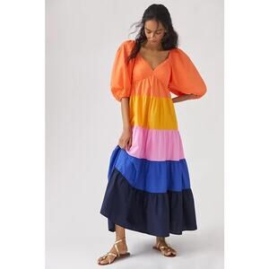 Anthropologie Farm Rio Colorblock Balloon Sleeve Tiered Maxi Dress NWT Small